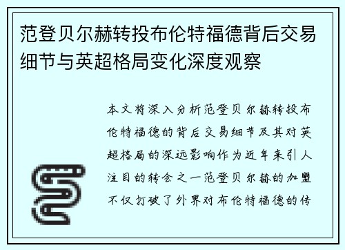 范登贝尔赫转投布伦特福德背后交易细节与英超格局变化深度观察